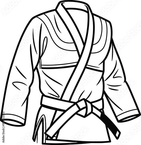 Black and white illustration of a martial arts gi with belt, martial arts, gi, judo, karate, taekwondo, aikido, jiu jitsu, uniform, clothing, apparel, sportswear, combat sports, martial arts uniform, 