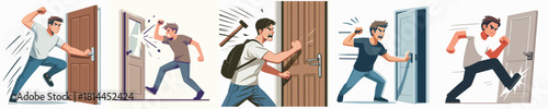 vector of young man breaking down the door
