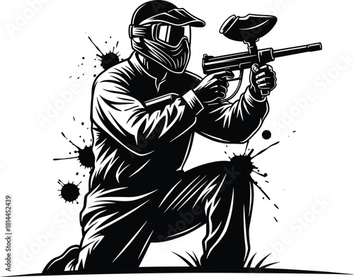 Black and white illustration of a paintball player aiming a marker, paintball, player, marker, gun, aiming, action, sport, game, competition, combat, warfare, soldier, mask, helmet, goggles, uniform, 