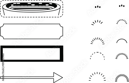 Assorted black and white line art elements for graphic design and illustration