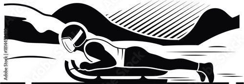 Black and white illustration of a person on a sled going downhill, sledding, winter sport, downhill, athlete, racing, speed, snow, ice, mountains, helmet, goggles, winter, action, sport, recreation, c