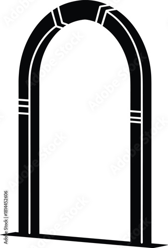 Black arched doorway with geometric accents and base, arch, doorway, entrance, black, white, geometric, architectural, structure, silhouette, portal, passage, opening, design, graphic, symbol, abstrac