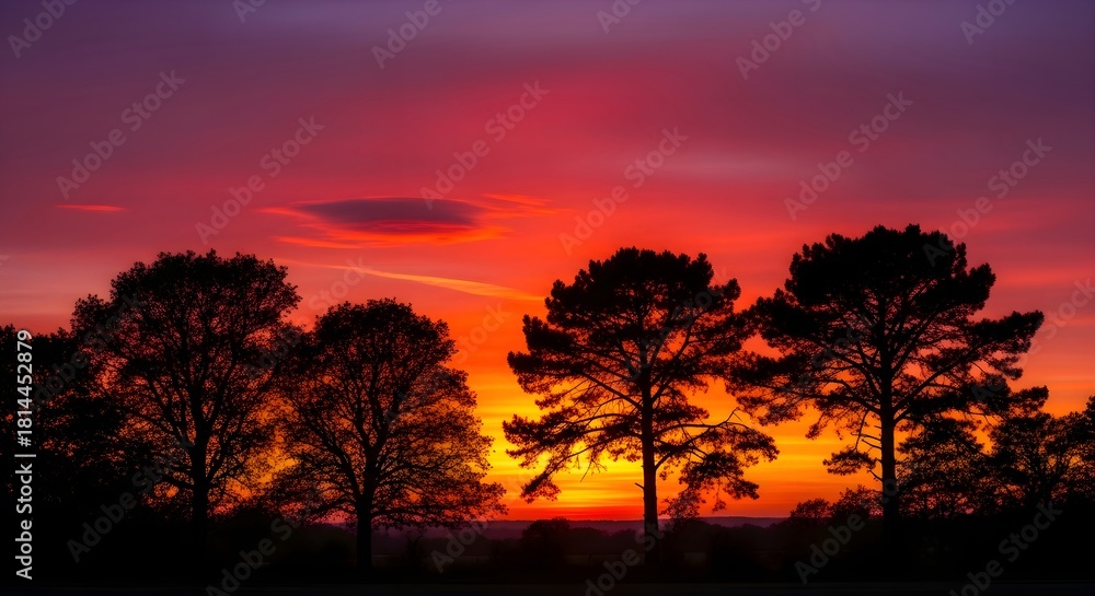 Fototapeta premium Dramatic Silhouette of Trees Against Fiery Red and Orange Sunset Sky