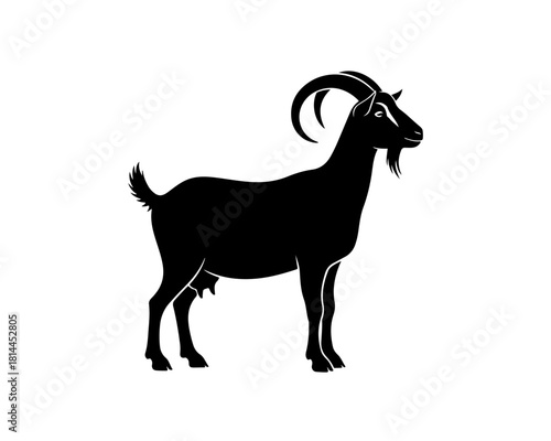 Minimalist black silhouette illustration of a standing goat with prominent horns, symbolizing nature, strength, and agricultural themes