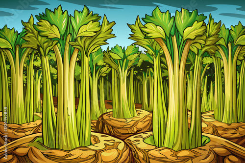 Tall celery stalks tightly packed growing upright from moist textured soil
