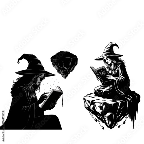 Black Silhouette of a Witch Reading a Spellbook on a Floating Rock on Transparent Background in Mystical and Enchanting Fantasy Style.svg