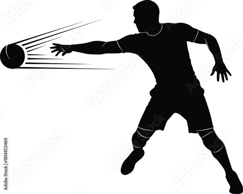 Black silhouette of a male handball player reaching for a ball, handball, player, man, male, silhouette, black and white, sport, athlete, action, reaching, ball, motion, speed, dynamic, game, competit
