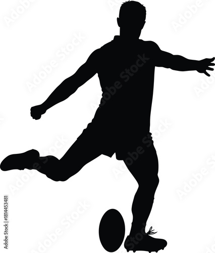 Black silhouette of a male rugby player kicking a ball, rugby, player, silhouette, black, white, background, male, man, sport, athletic, action, kicking, ball, game, competition, training, movement, d