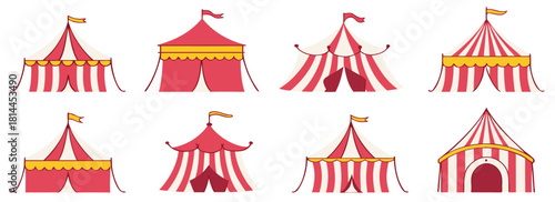 Circus tent collection with red and white striped roofs. Carnival pavilions and big tops for entertainment, show and festival

