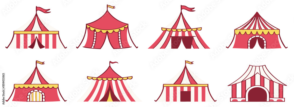 Fototapeta premium Circus tent collection with red and white striped roofs. Carnival pavilions and big tops for entertainment, show and festival