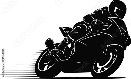 Black silhouette of a motorcycle racer leaning into a turn, motorcycle, racer, racing, sport, speed, motion, action, silhouette, black and white, graphic, illustration, vehicle, transportation, helmet