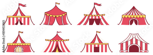Circus tent collection with red and white striped roofs. Carnival pavilions and big tops for entertainment, show and festival
