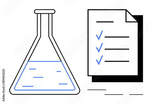 Laboratory flask partially filled with liquid next to a checklist with tick marks. Ideal for science, research, laboratory tasks, testing, education, planning, workflow management, simple flat