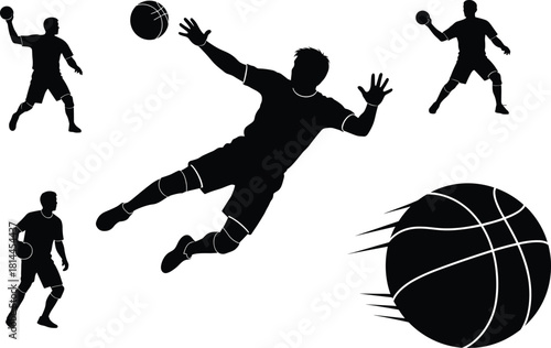 Black silhouette of handball players in action with ball, handball, sport, athlete, player, action, silhouette, black and white, dynamic, movement, jump, throw, catch, ball, game, competition, team sp