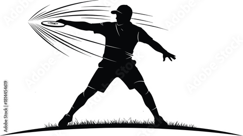 Black silhouette of man throwing disc golf disc on grass, disc golf, frisbee, throwing, sport, athlete, man, silhouette, black and white, action, motion, speed, grass, outdoor, recreation, hobby, game