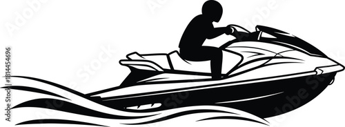 Black silhouette of person riding jet ski on waves, jet ski, watercraft, person, silhouette, black and white, water, waves, riding, speed, motion, sport, recreation, summer, vacation, adventure, extre