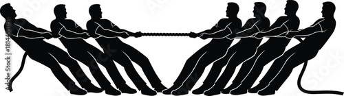 Black silhouette of teams pulling rope in tug of war, tug of war, rope, pulling, team, competition, strength, power, struggle, effort, exertion, sport, game, black and white, silhouette, people, men, 