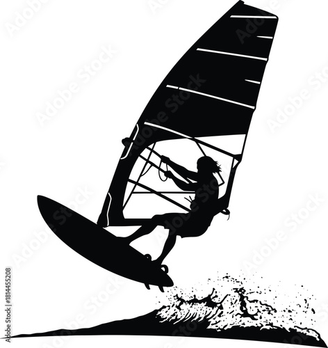 Black silhouette of windsurfer on wave with splash, windsurfing, windsurfer, silhouette, black and white, water sport, ocean, sea, wave, splash, action, dynamic, sport, recreation, activity, extreme s