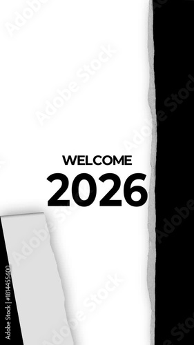 Vertical video | Goodbye 2025 and welcome 2026 text in Stop motion Torn Paper Transitions mask black and white. torn paper texture background. 4k video.
