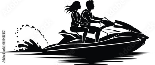 Couple riding jet ski splashing water silhouette watercraft, jet ski, watercraft, water sports, couple, man, woman, riding, splashing, water, waves, ocean, sea, lake, river, summer, vacation, recreati