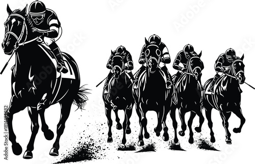 Five Black Horse Racers with Jockeys in Motion horse racing, horse racing, jockey, horses, race, competition, sport, speed, action, black and white, silhouette, illustration, graphic, dynamic, movemen