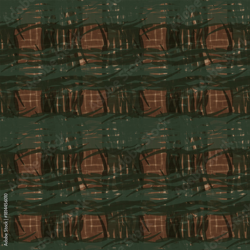 Dark earthy ochre vector seamless plaid background pattern. Geometric check print in cozy warm colors. Modern brushstroke check blend. Woven print checkered backdrop for textile, web.