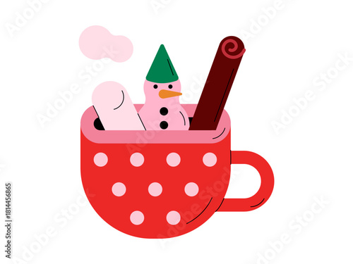 Festive Christmas cocoa mug with marshmallows, snowman and cinnamon, vector illustration. Holiday hot chocolate with snowman marshmallow and cinnamon sticks. Cute snowman cocoa mug with marshmallows. 
