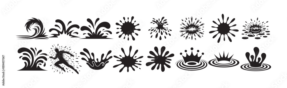 Fototapeta premium Assortment of black water splashes, waves, and ripples depicting various fluid actions