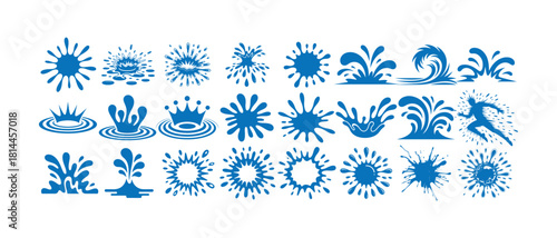Set of blue water splashes and drops isolated on a clean white background for graphic design elements