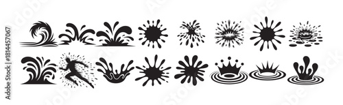 Assortment of black water splashes, waves, and ripples depicting various fluid actions