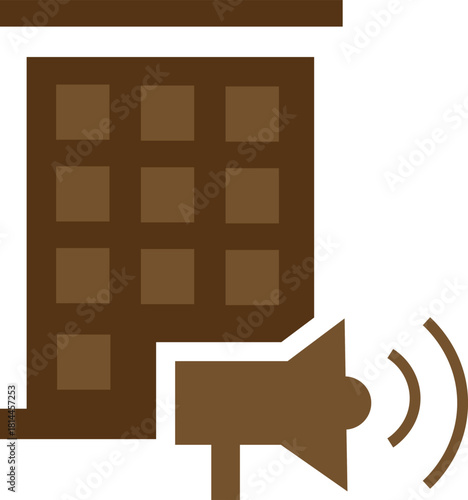 Apartment building with loudspeaker icon representing noise complaint or announcement