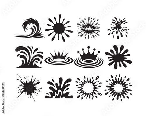 Set of black water splashes and crown ripples abstract fluid shapes in various styles isolated on white