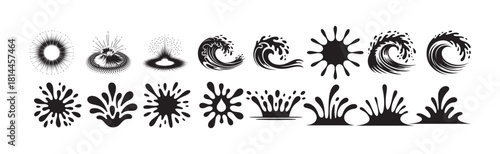 Collection of black water splash and wave icons abstract liquid fluid shapes on white background