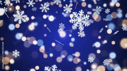 A mesmerizing winter scene, featuring snowflakes gently falling against a deep blue background with bokeh lights, creating a festive atmosphere