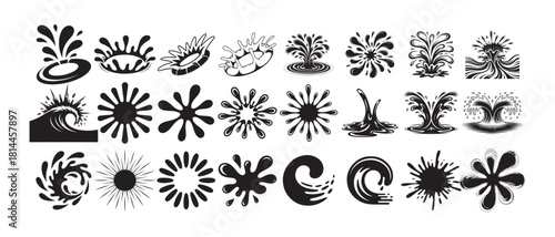 Variety of splash and wave design elements in black vector illustration