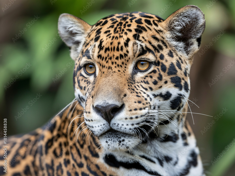 Naklejka premium Intense gaze of a wild jaguar in its natural habitat, showcasing its raw power and beauty, perfect for wildlife documentaries and conservation campaigns