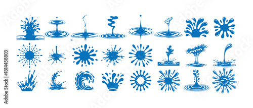 Set of blue water splashes and drops isolated on a clean white background for graphic design elements