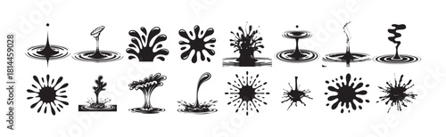 Set of black water splashes and drops isolated on a clean white background for graphic design elements