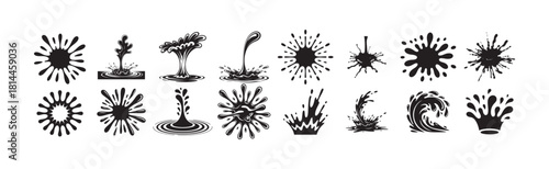 Set of black water splashes and drops isolated on a clean white background for graphic design elements