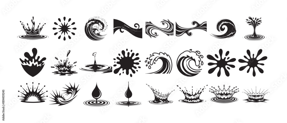 Fototapeta premium Large collection of black water splash shapes and ripple effects set isolated on white background