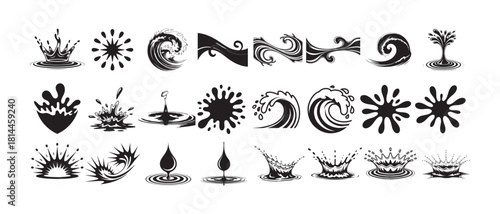 Large collection of black water splash shapes and ripple effects set isolated on white background