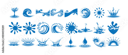 Large collection of blue water splash shapes and ripple effects set isolated on white background