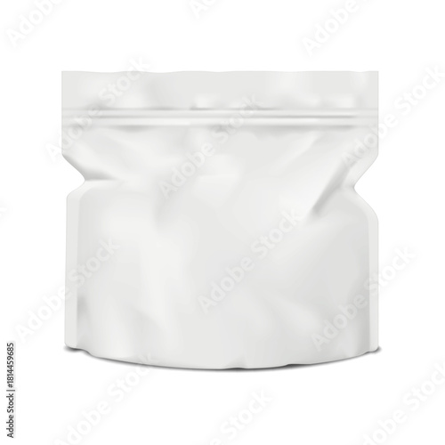 White blank plastic square stand-up pouch with zip lock. Realistic vector mockup. Bottom gusseted zipper bag packaging. 3d mock-up. Standup resealable package. Template for design