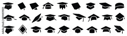 Graduation cap icon collection in clean black silhouette style. Education and academic symbols for school, learning, and success themes
