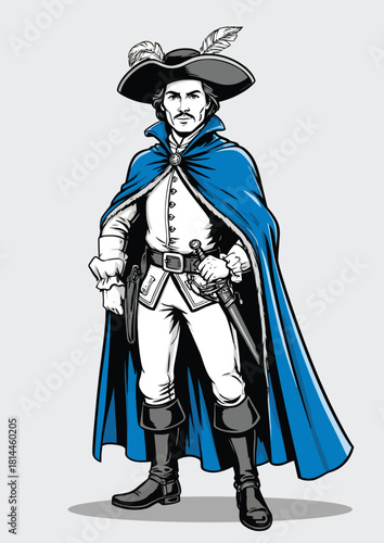 050-02-Swashbuckling cavalier man standing, holding sword and wearing a feathered hat