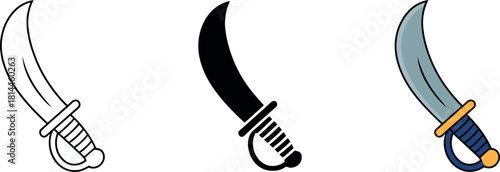 Set of Pirate Cutlass Sword Illustrations in Line Art Silhouette and Color Variations