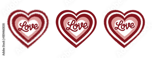 Three love heart designs with different textures furry solid shapes and a cursive inscription vector illustration