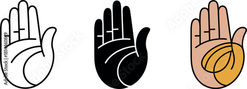 Palm hand gestures in outline and solid black fill variations with skin tones on white
