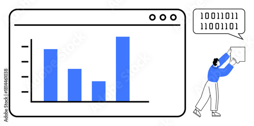 Data analytics concept. A bar chart on a screen coupled with a figure presenting binary code. Data visualization, analytics, decision-making, tech education, business strategy