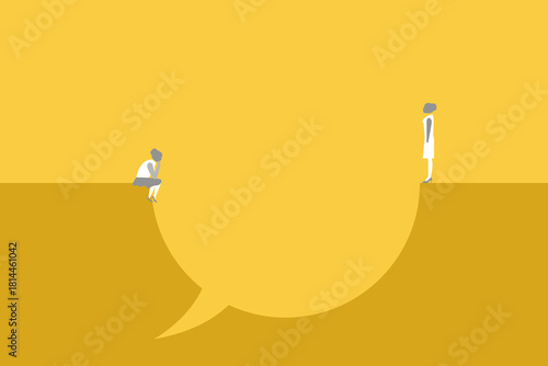 two woman on opposite edges of a large chat bubble